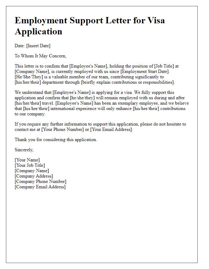 Letter template of professional employment support for visa.