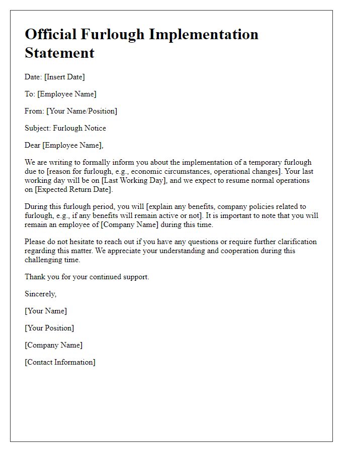 Letter template of official furlough implementation statement.