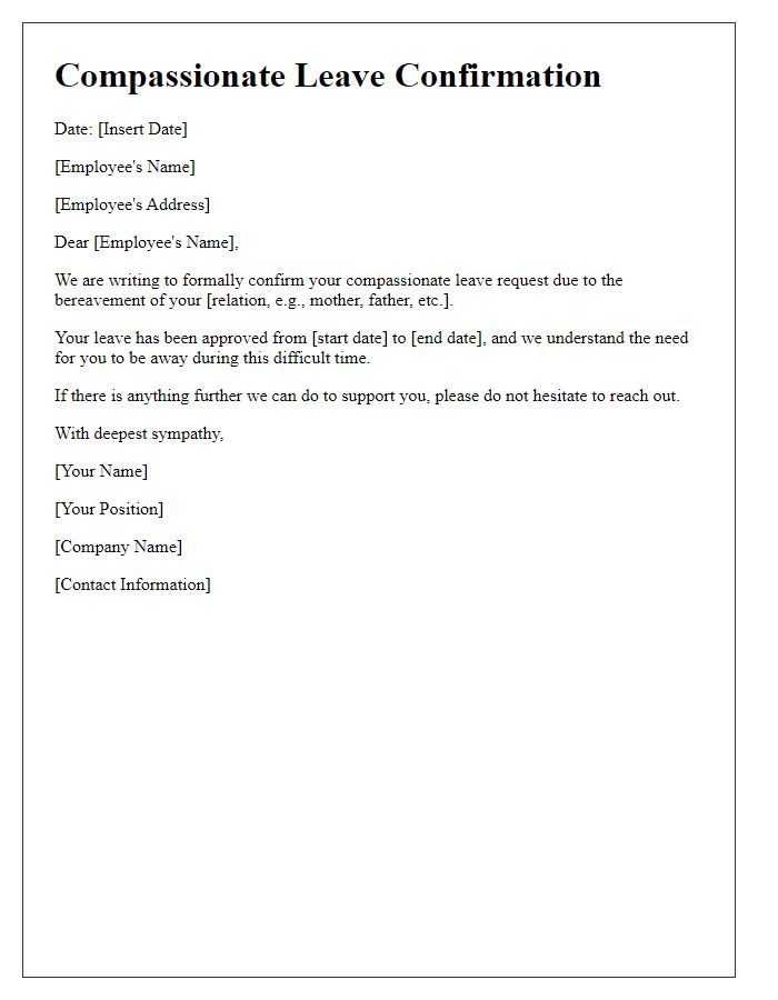 Letter template of compassionate leave confirmation for bereavement.