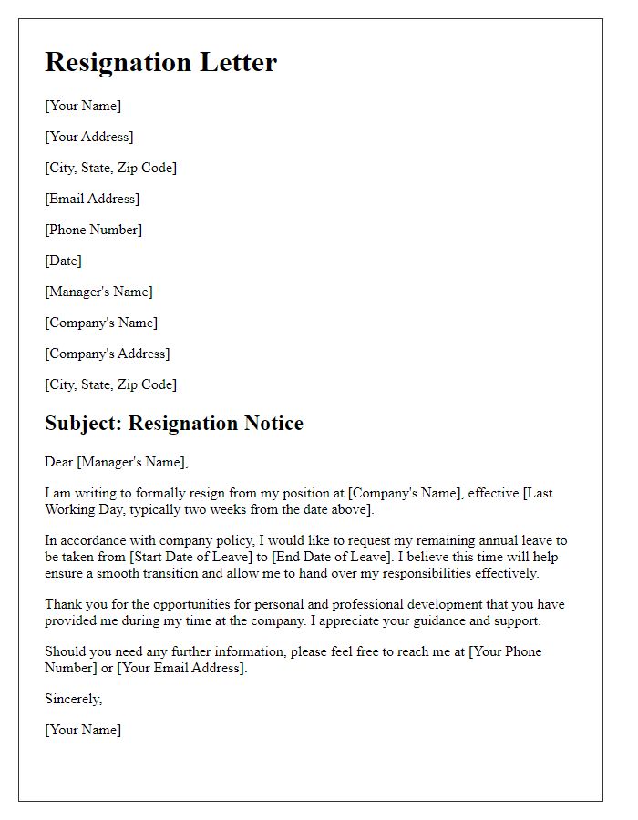 Letter template of resignation with annual leave notice