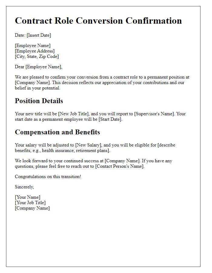 Letter template of contract role conversion confirmation for employment transition.