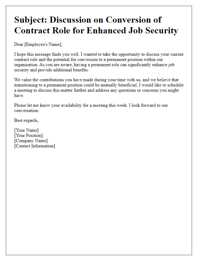 Letter template of contract role conversion discussion for enhanced job security.