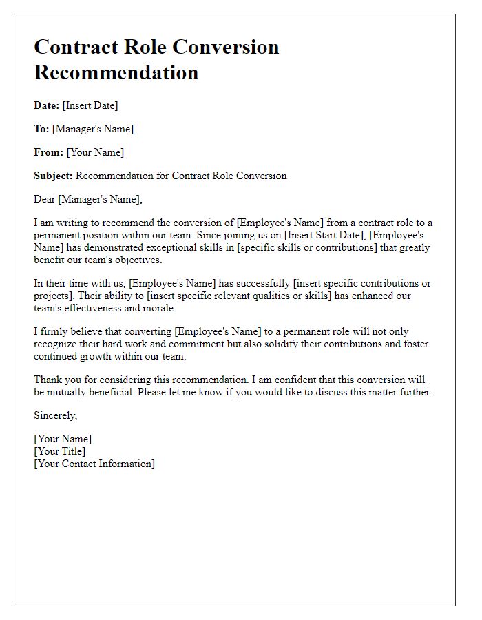 Letter template of contract role conversion recommendation for team integration.