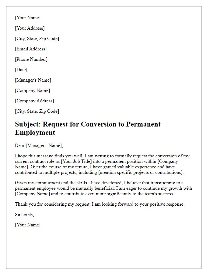 Letter template of contract role conversion request for permanent employment.