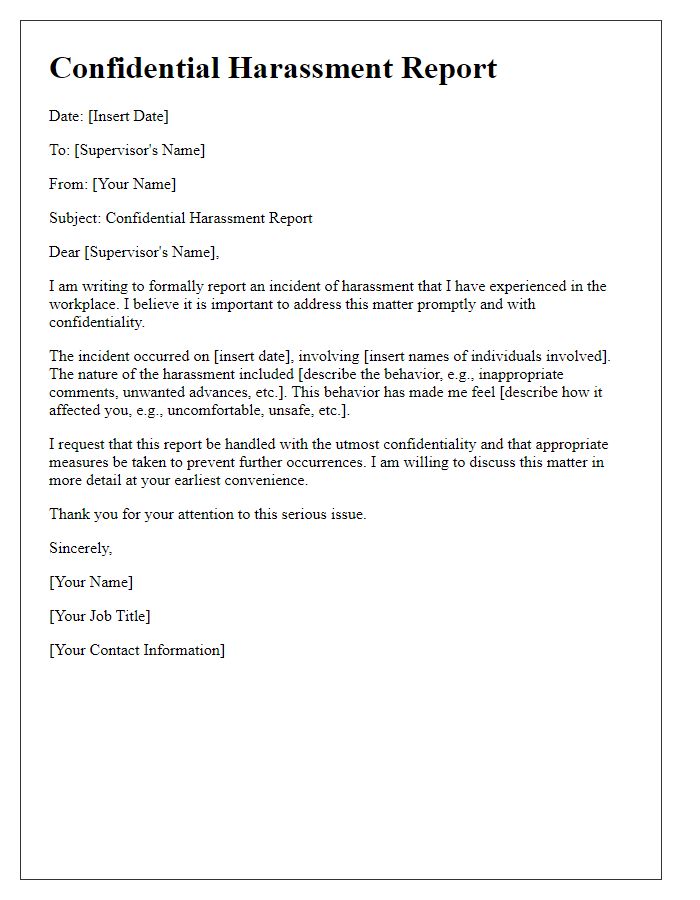 Letter template of confidential harassment report to supervisor