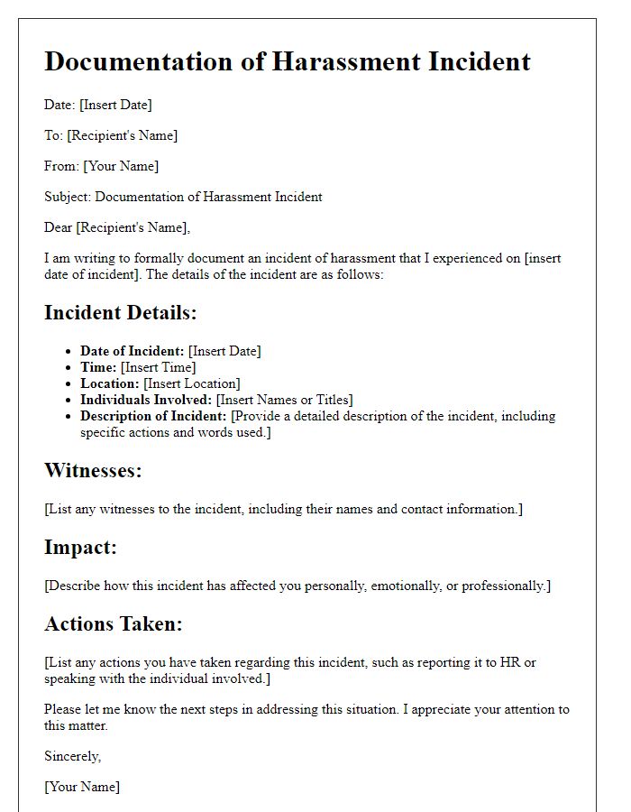 Letter template of documentation of harassment incidents