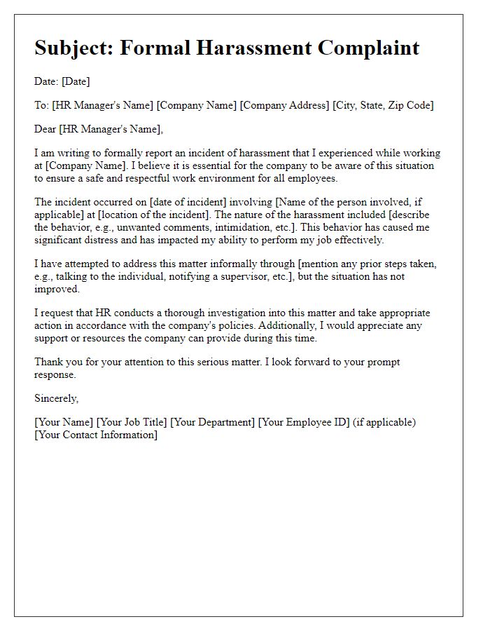 Letter template of formal harassment complaint for HR submission