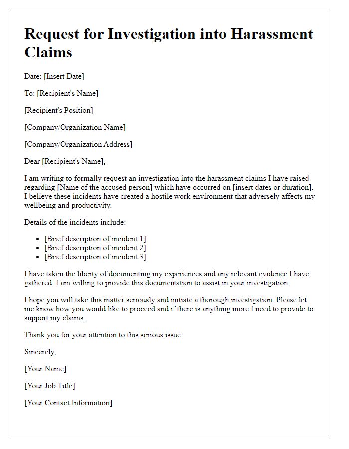 Letter template of request for investigation into harassment claims