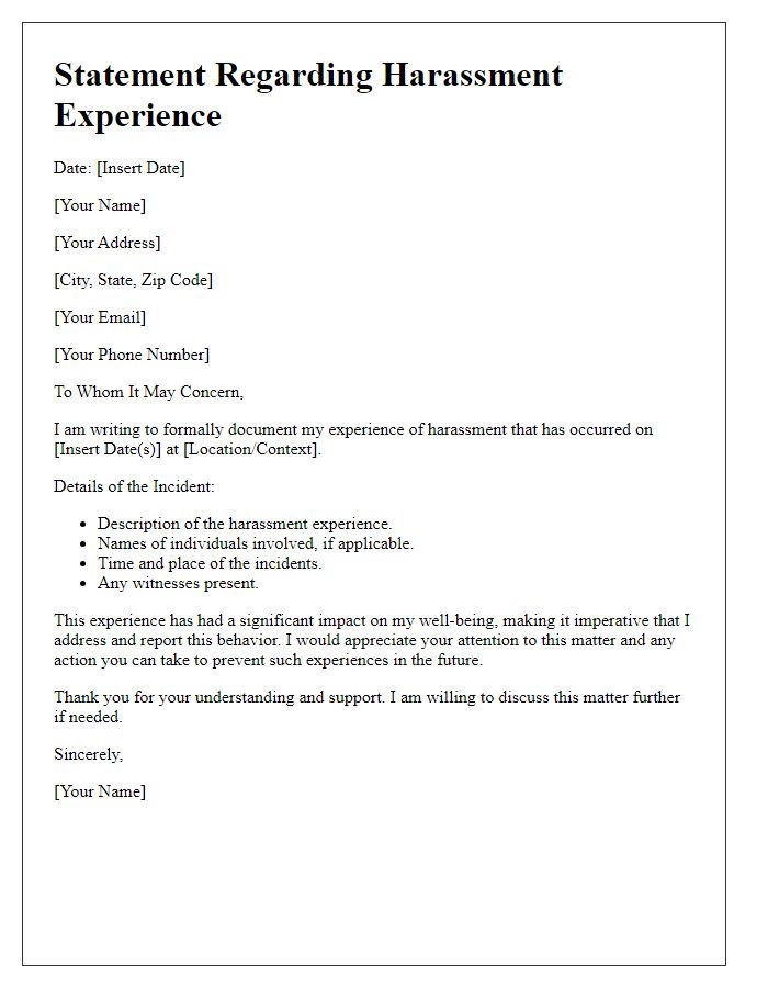 Letter template of statement regarding harassment experience