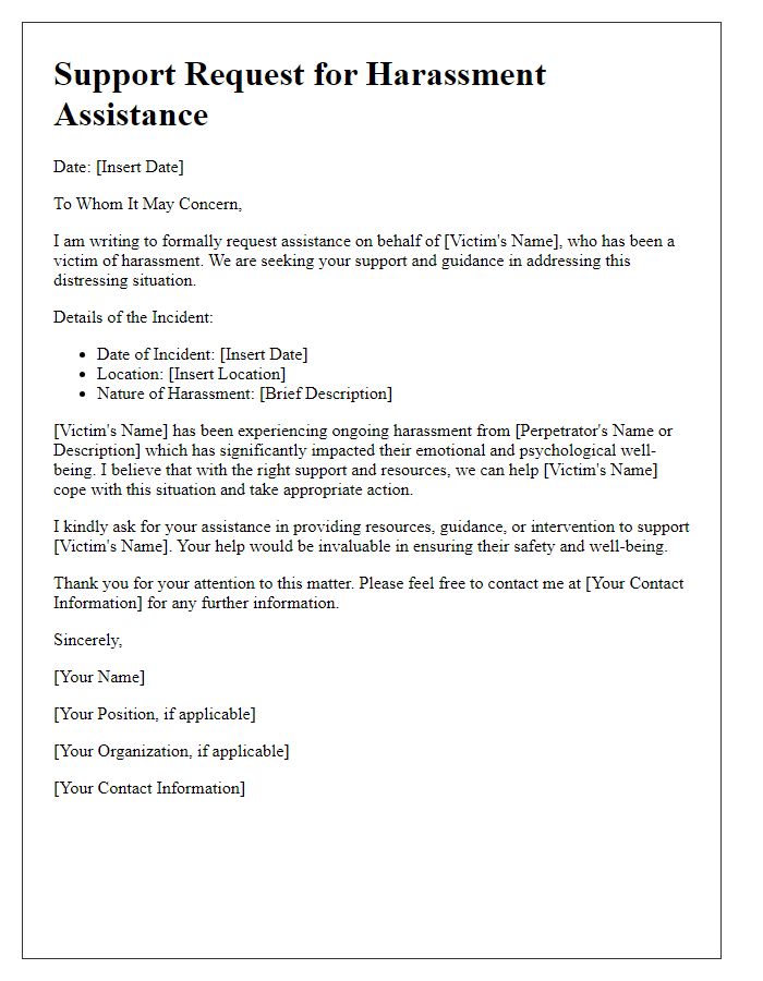 Letter template of support request for harassment victim assistance