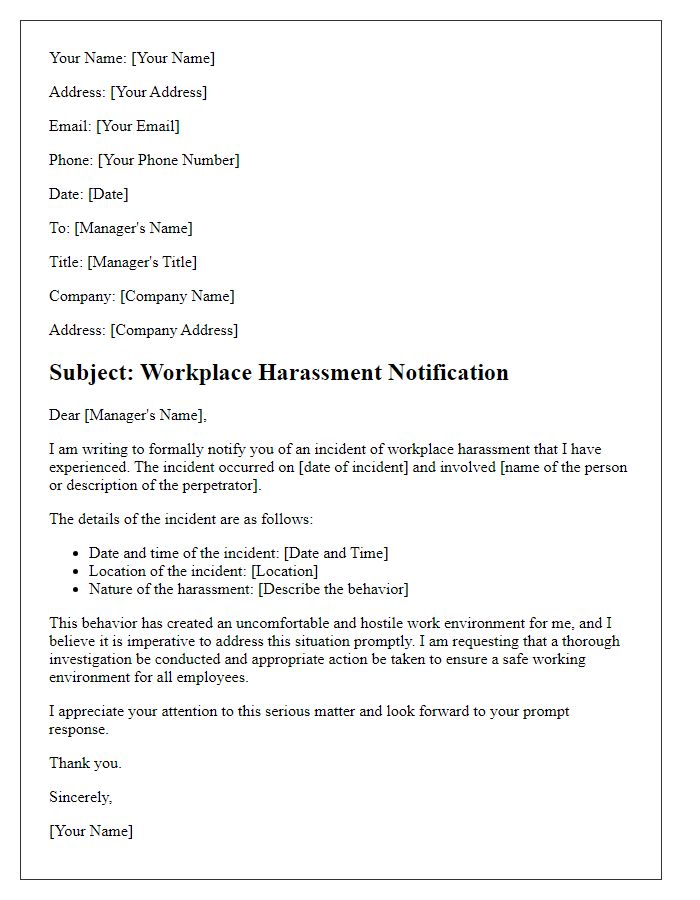 Letter template of workplace harassment notification to management