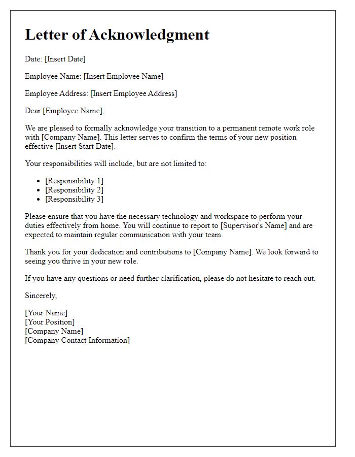 Letter template of acknowledgment for permanent remote work role
