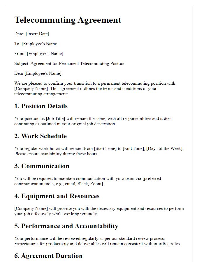 Letter template of agreement for permanent telecommuting position