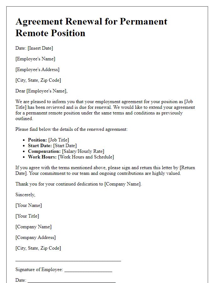 Letter template of agreement renewal for permanent remote position