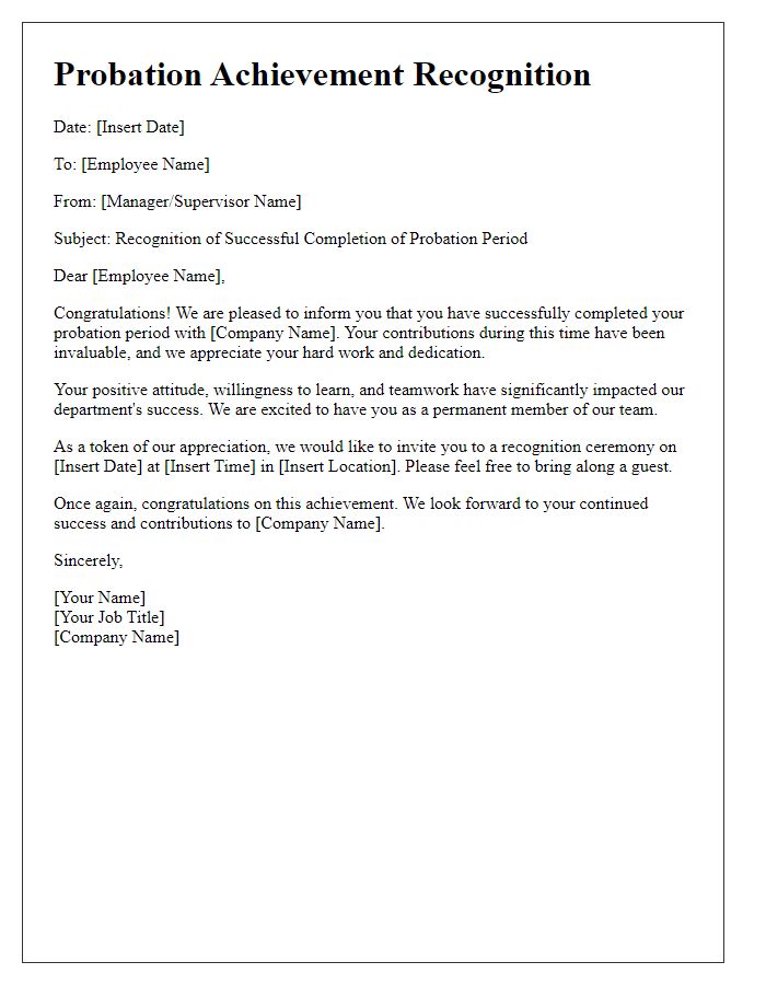 Letter template of probation achievement recognition