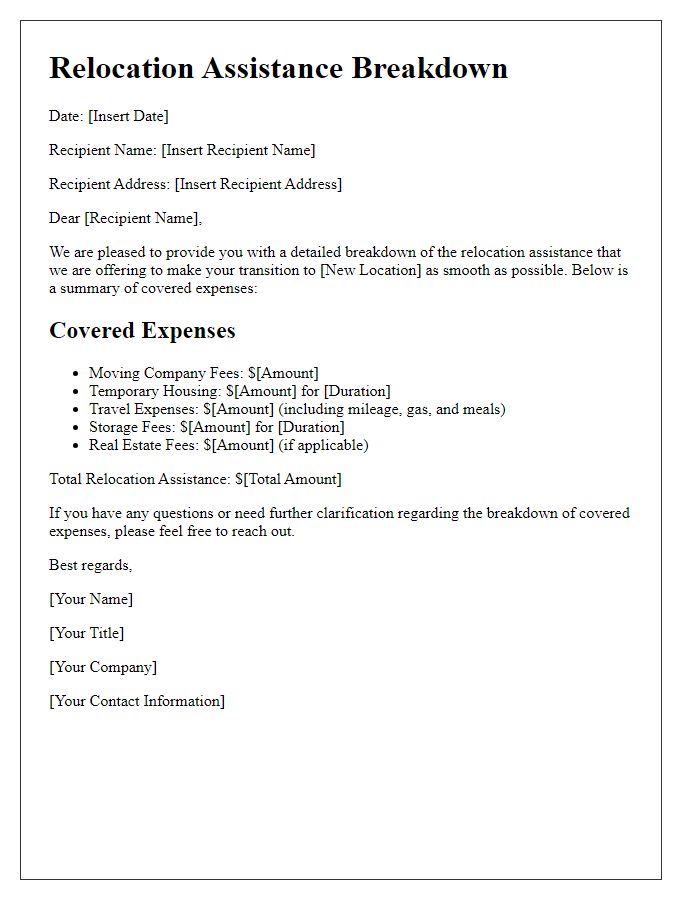 Letter template of relocation assistance breakdown of covered expenses