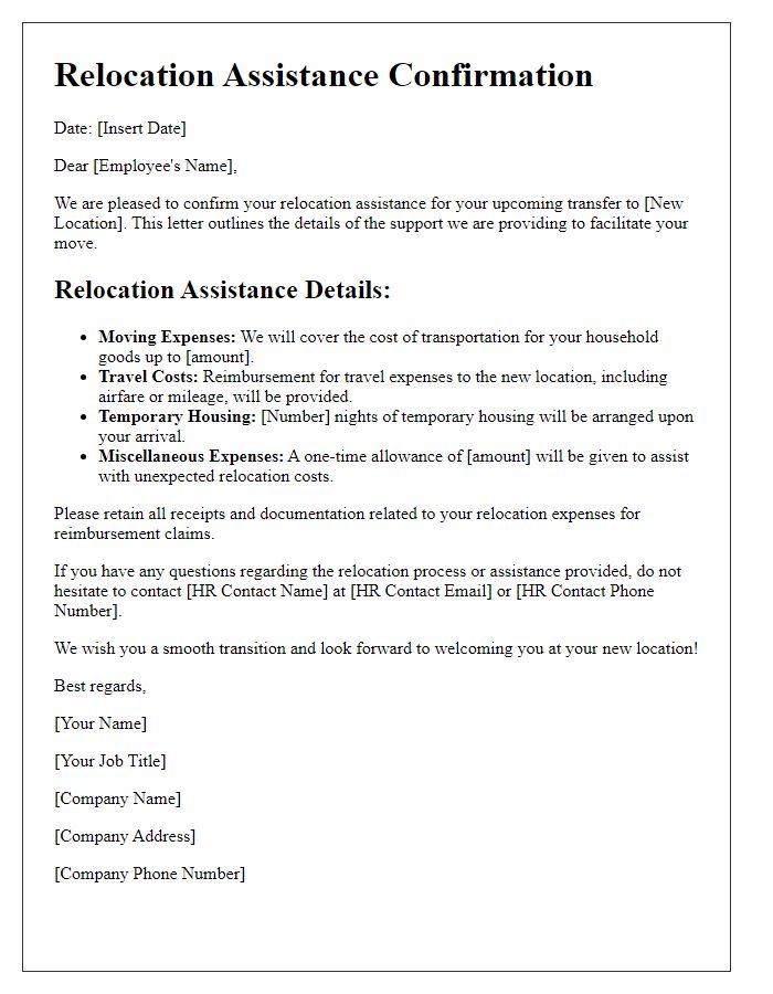 Letter template of relocation assistance confirmation for transfers