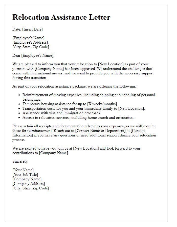 Letter template of relocation assistance for international moves