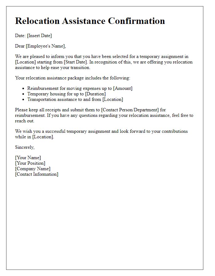 Letter template of relocation assistance for temporary assignments