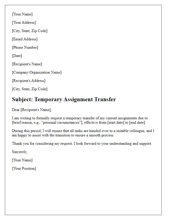 Letter template of assignment transfer for limited duration.