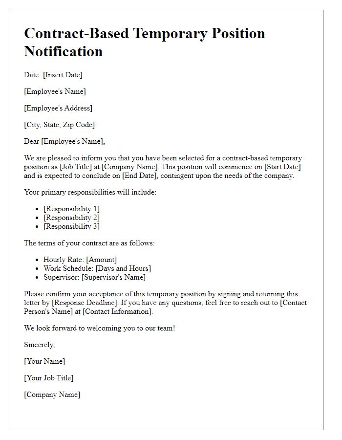 Letter template of contract-based temporary position notification.