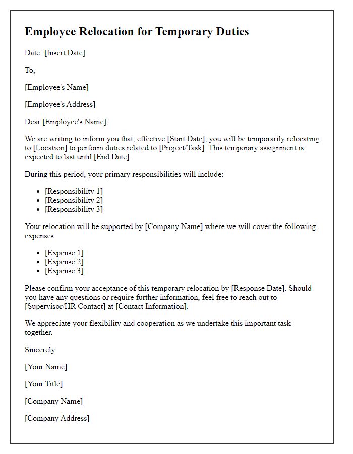 Letter template of employee relocation for temporary duties.