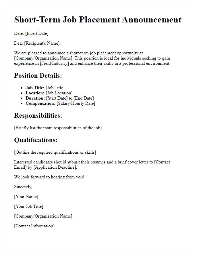 Letter template of short-term job placement announcement.