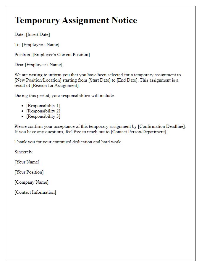 Letter template of temporary assignment notice for employee.