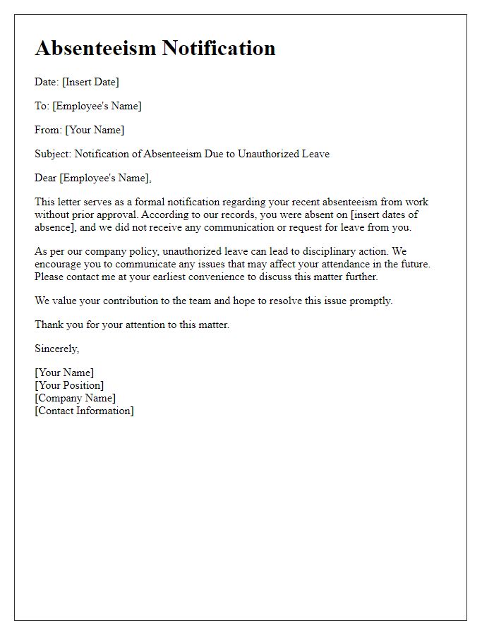 Letter template of Absenteeism Notification for Unauthorized Leave