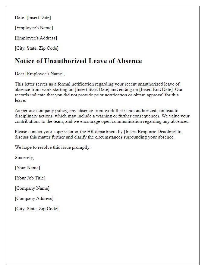 Letter template of Notice of Unauthorized Leave of Absence