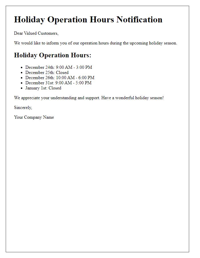 Letter template of holiday operation hours disclosure