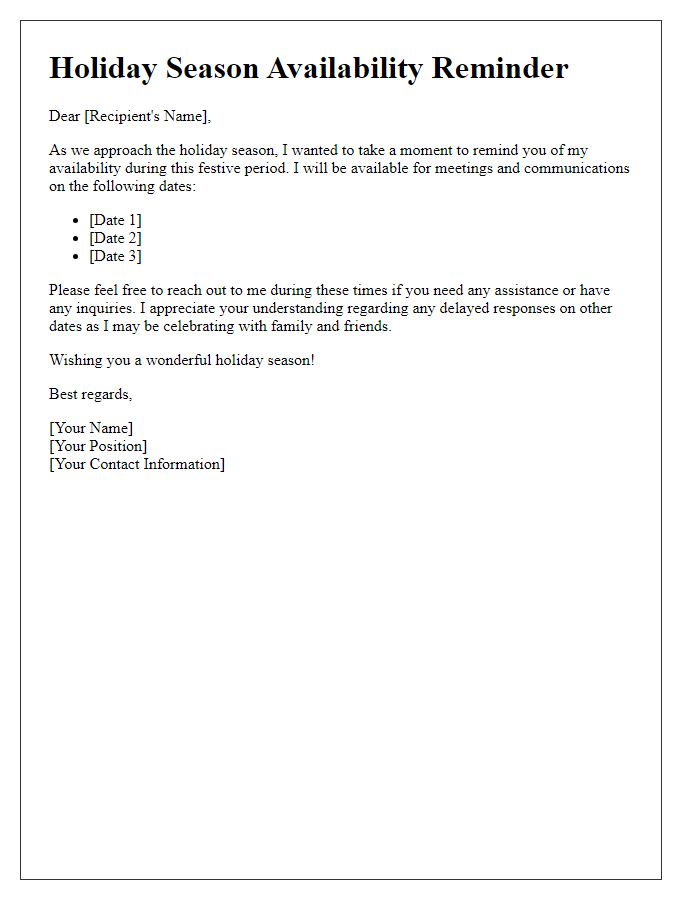 Letter template of holiday season availability reminder