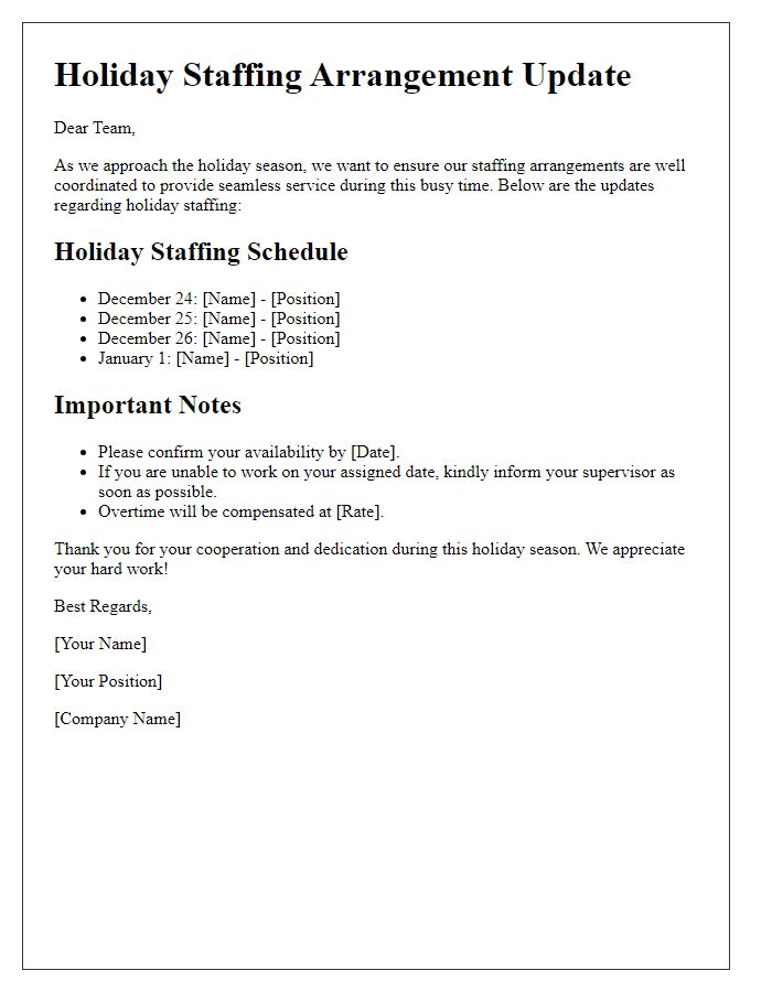 Letter template of holiday staffing arrangement update