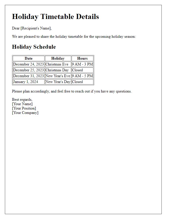 Letter template of holiday timetable details