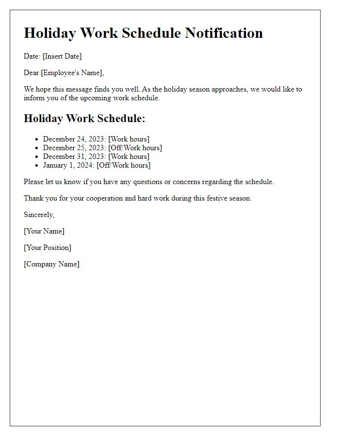 Letter template of holiday work schedule notification