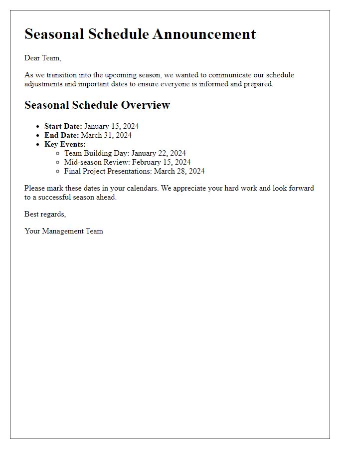 Letter template of seasonal schedule communication