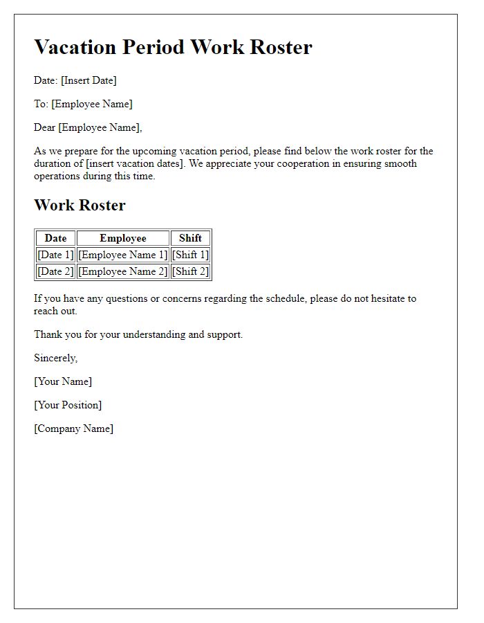 Letter template of vacation period work roster