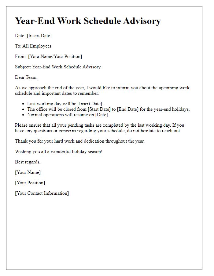 Letter template of year-end work schedule advisory
