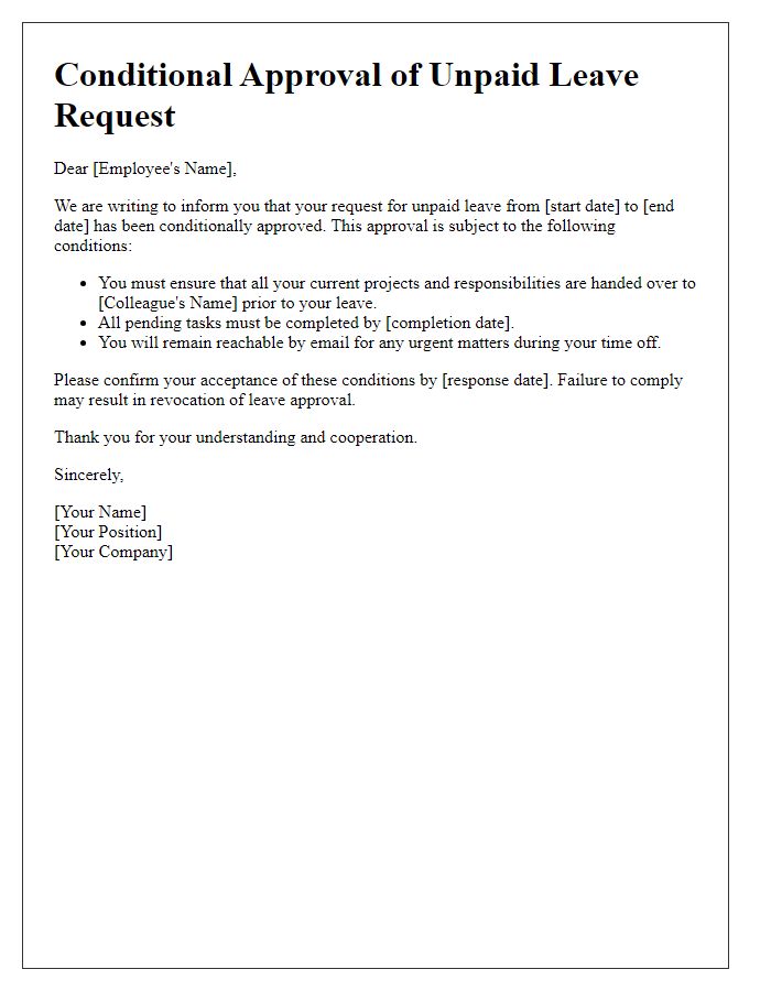 Letter template of conditional approval for unpaid leave request