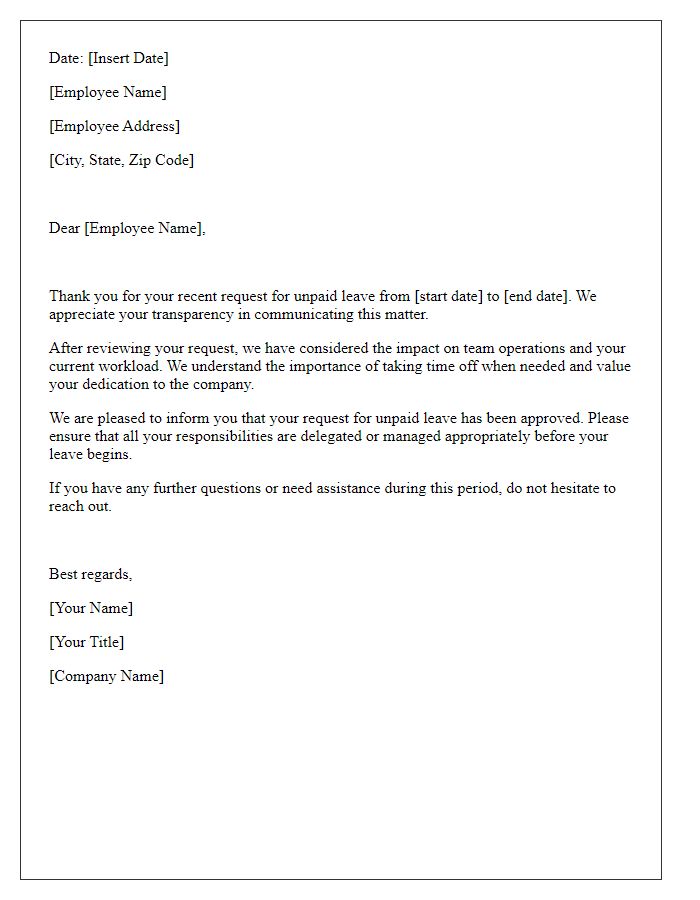 Letter template of leadership's feedback on unpaid leave request