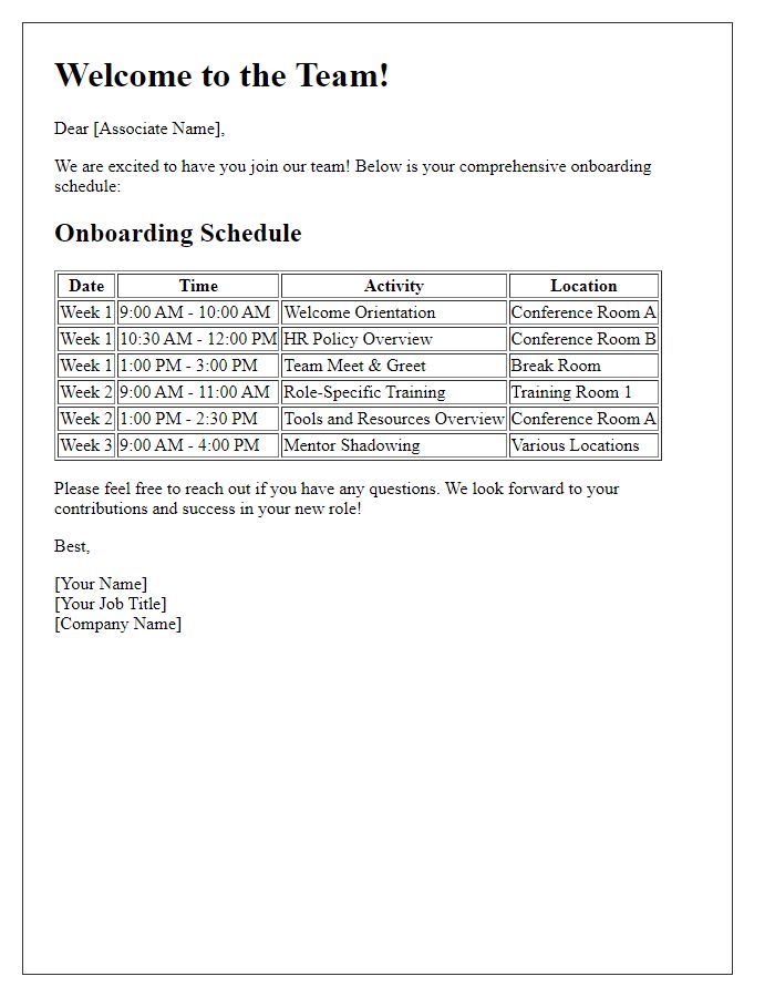 Letter template of comprehensive onboarding schedule for new associates.