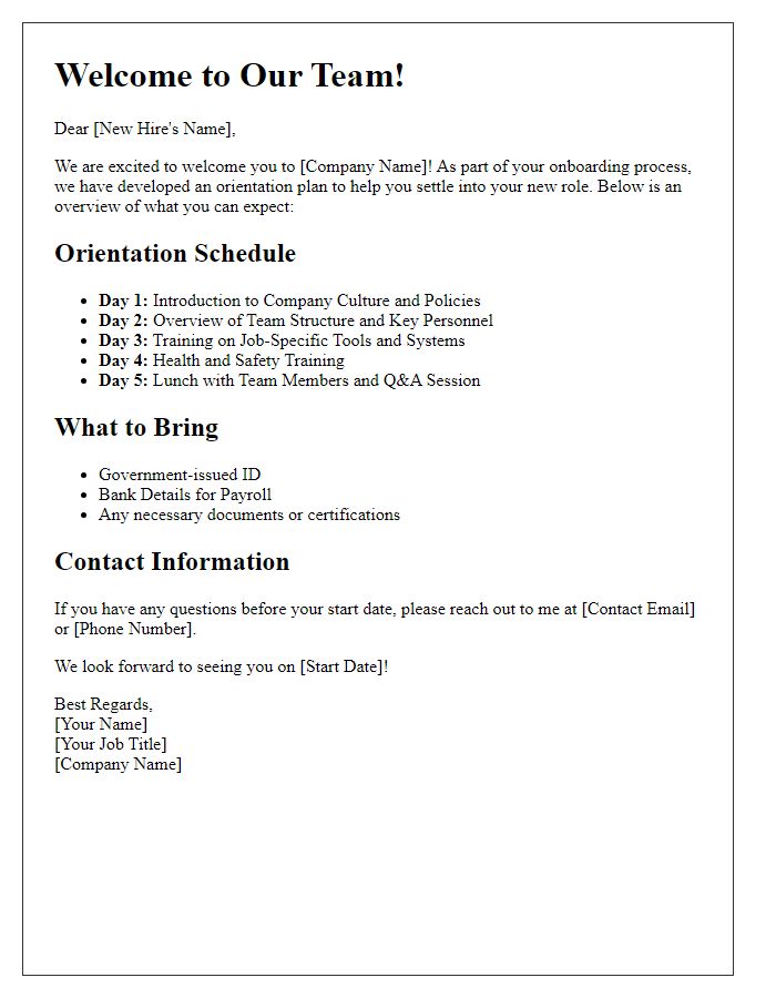 Letter template of employee orientation plan for new hires.