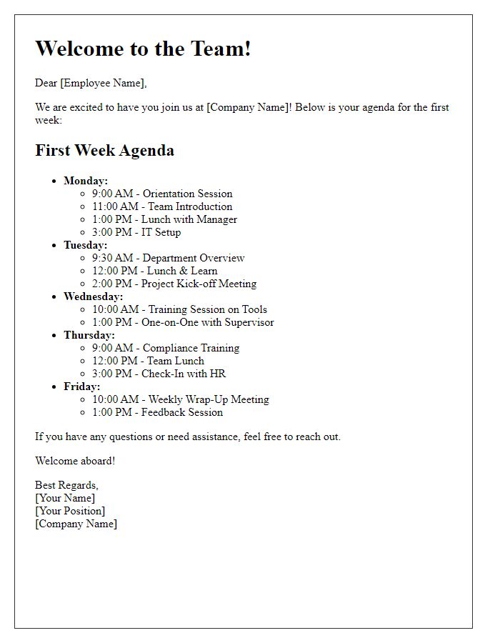 Letter template of first week agenda for newly onboarded staff.