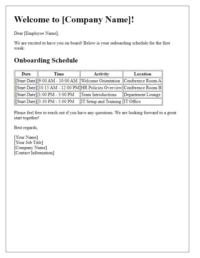 Letter template of onboarding schedule for new employees.