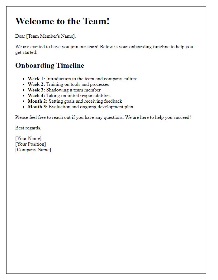 Letter template of onboarding timeline for incoming team members.