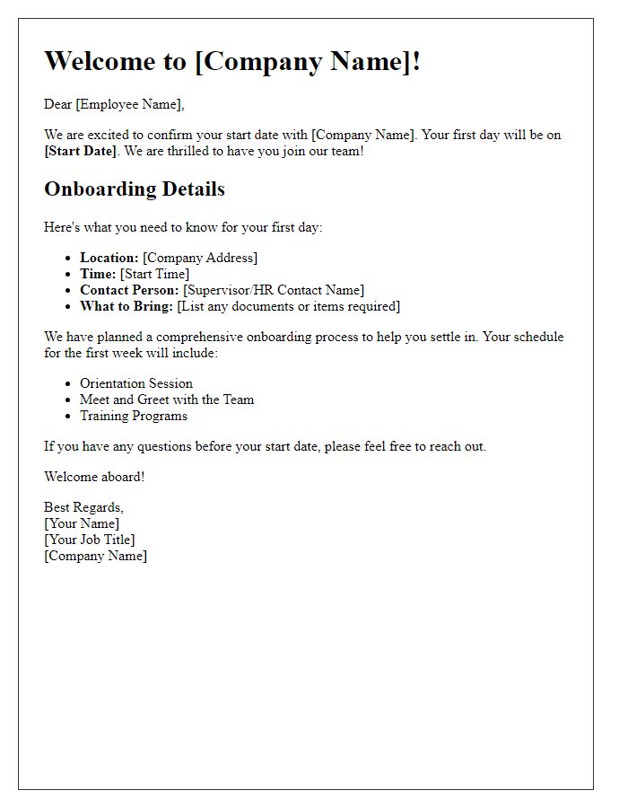 Letter template of start date and onboarding details for fresh talent.