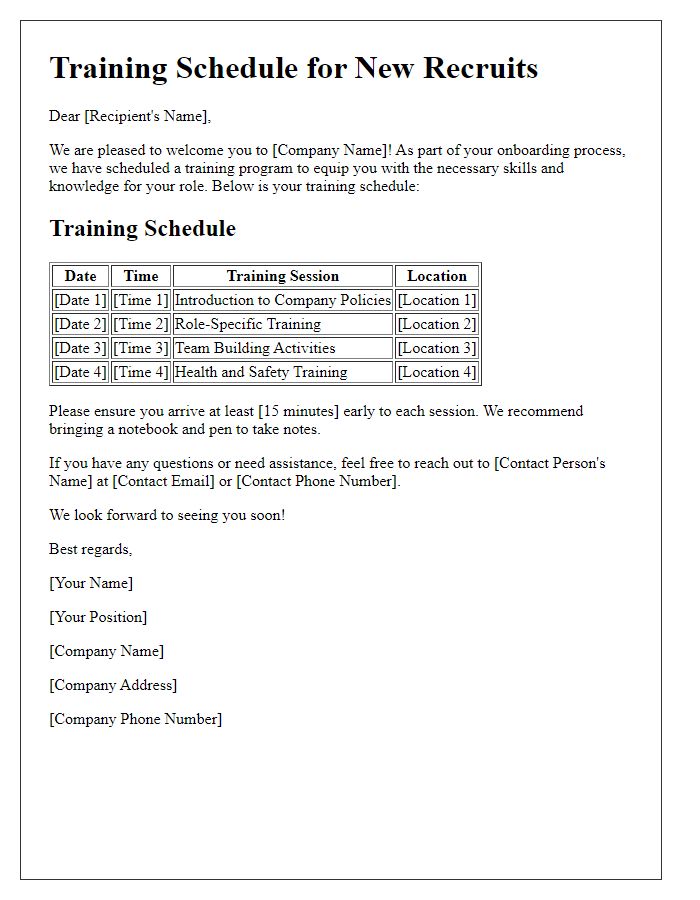 Letter template of training schedule for new recruits.