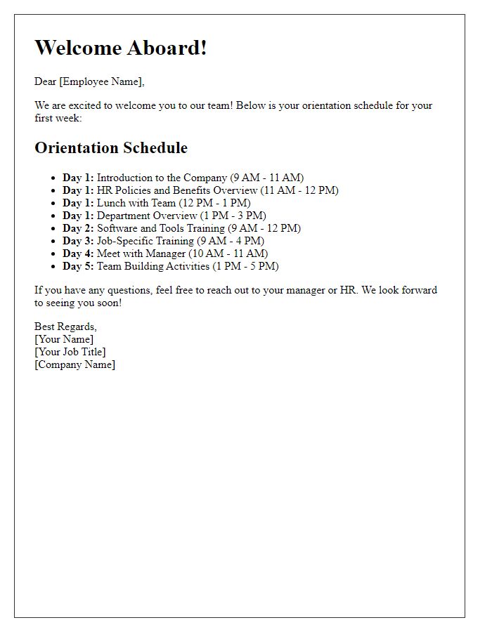 Letter template of welcome aboard schedule for new employees.