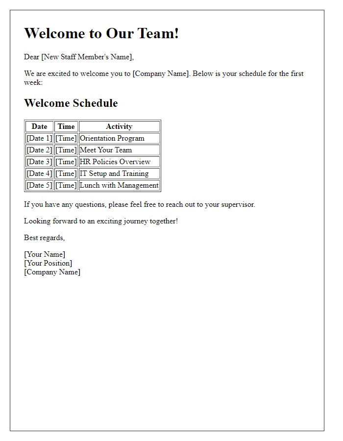 Letter template of welcome schedule for new staff members.