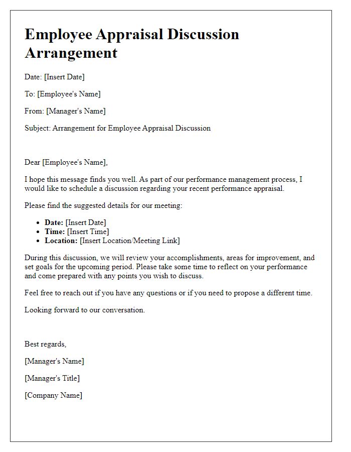 Letter template of employee appraisal discussion arrangement